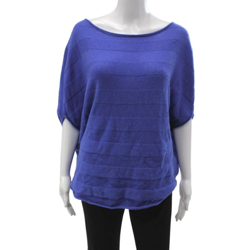 Qi Women Pullover Blue Striped Boat Neck Cashmere Short Sleeve Size XS